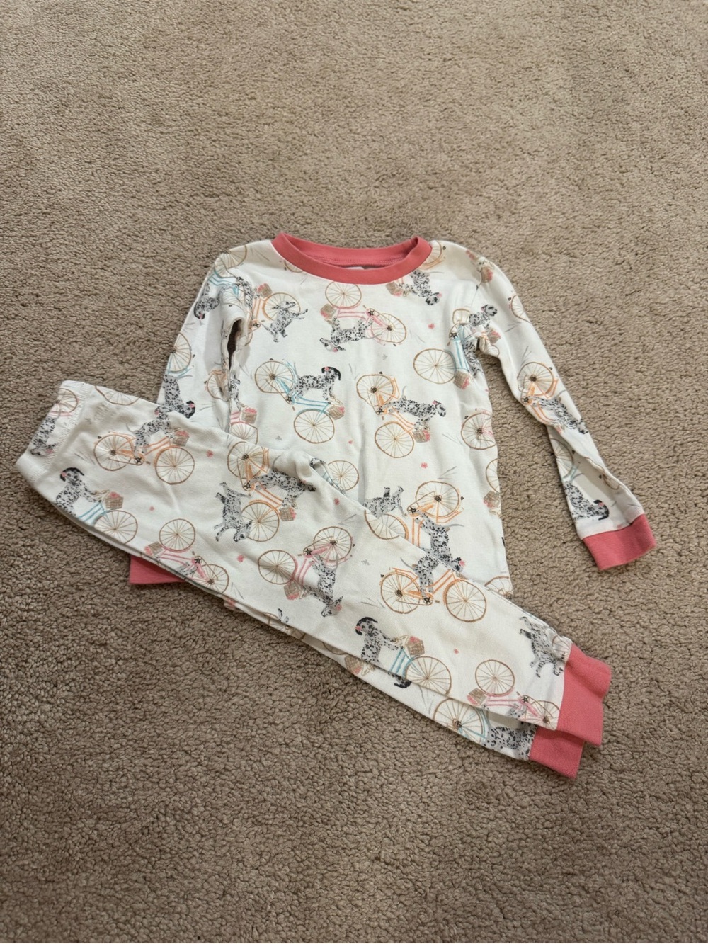 Burt's Bees Cream Pajama Set with Pink Trim and Dog & Bicycle Print Size 2T